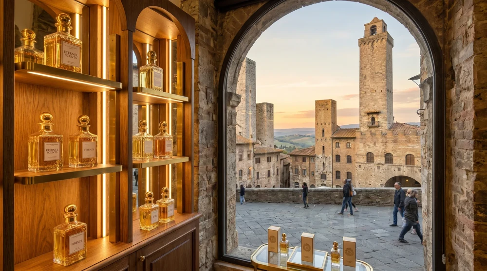 Luxury perfume shop window display in San Marino historic center with elegant fragrance bottles on lit shelves