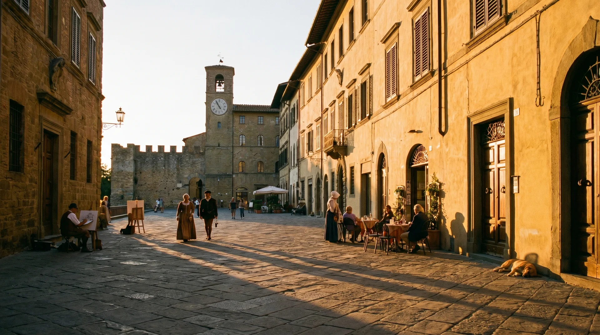 San Marino historic center piazza at golden hour with long shadows and warm sunset light on stone paving