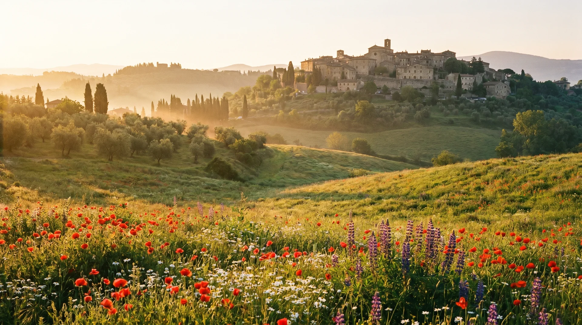 San Marino auf dem Hügel, aus der italienischen Landschaft im Frühling gesehen, mit grünen Hügeln und Wildblumen