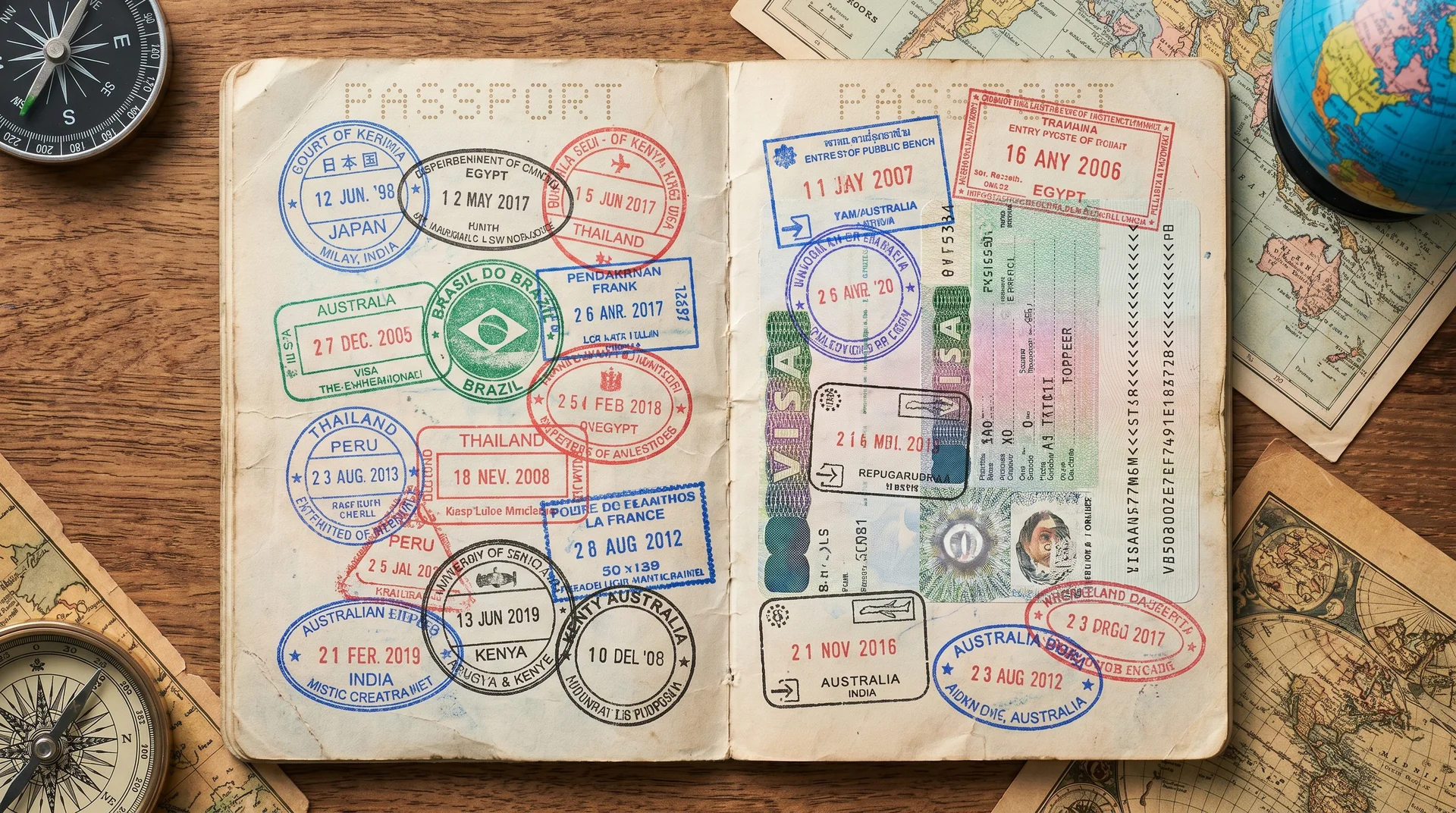 Aufgeschlagene Reisepassseiten mit verschiedenen Länder-Stempeln und Visa, mit sichtbarem San-Marino-Stempel dazwischen