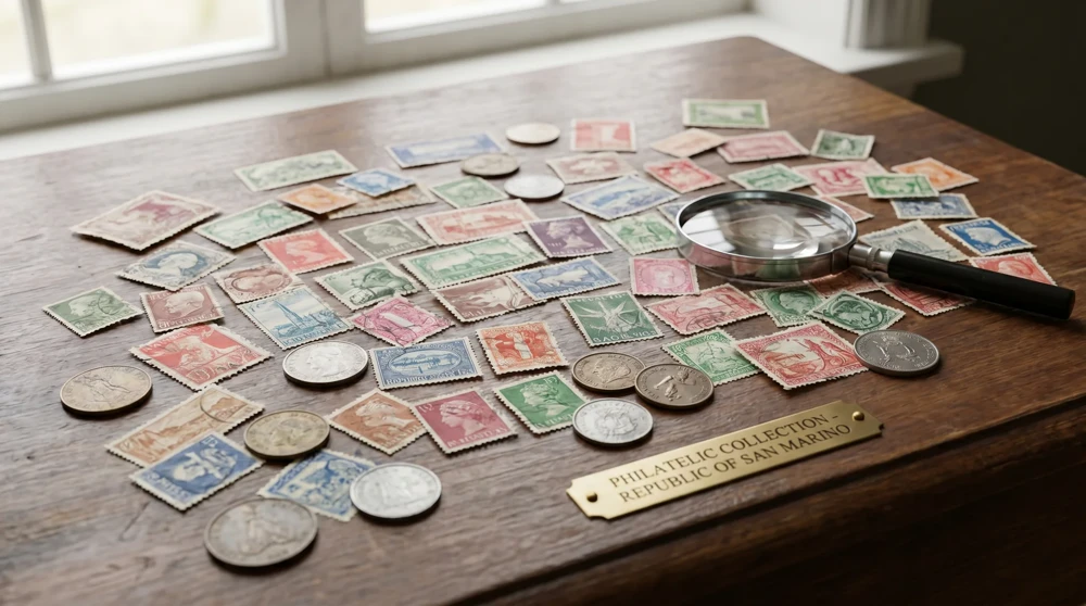 San Marino postage stamps and collector coins from the Museo del Francobollo e della Moneta, showing unique designs from the independent republic