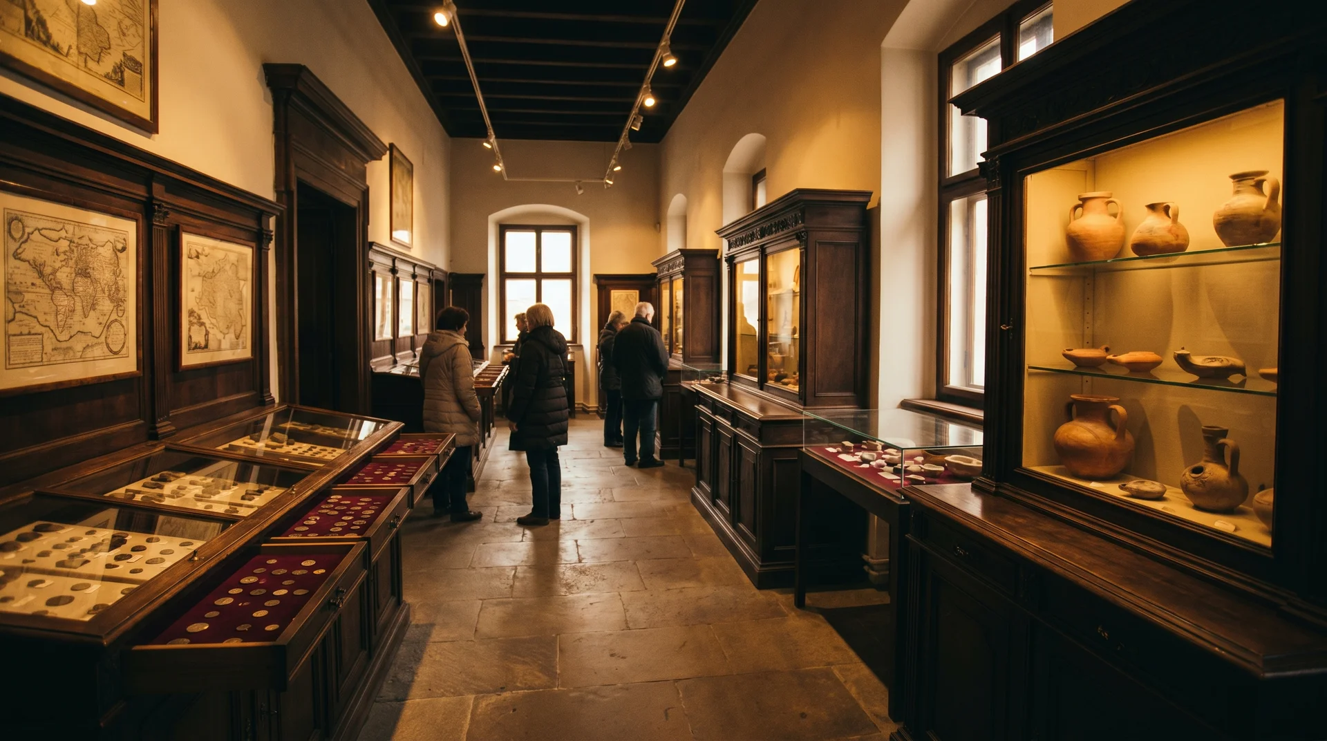 Interior of the Museo di Stato in San Marino showing archaeological artifacts, ancient coins and pottery in display cases with warm museum lighting