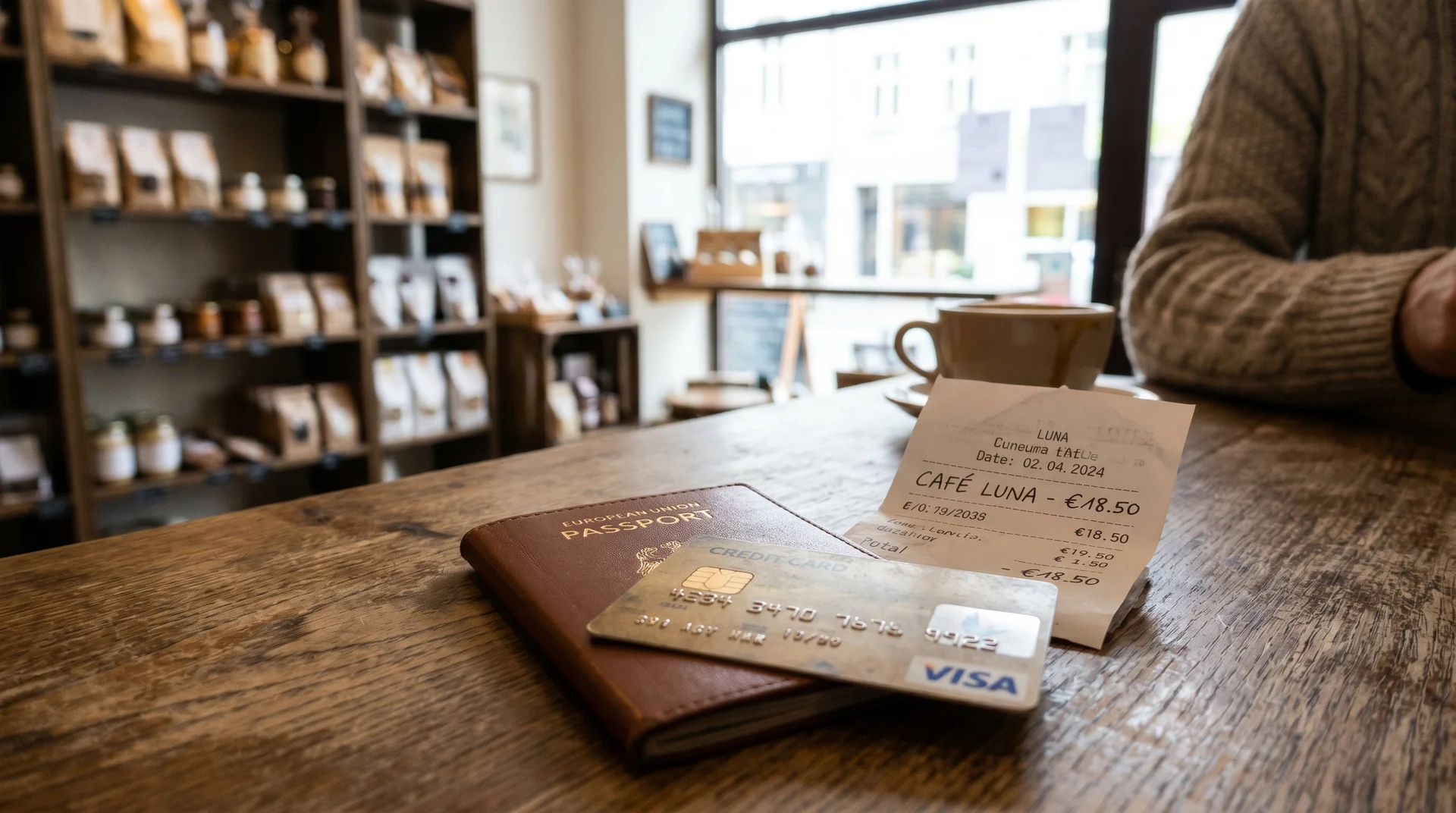 Passport and foreign credit card placed on a retail counter for San Marino tax-free purchase verification