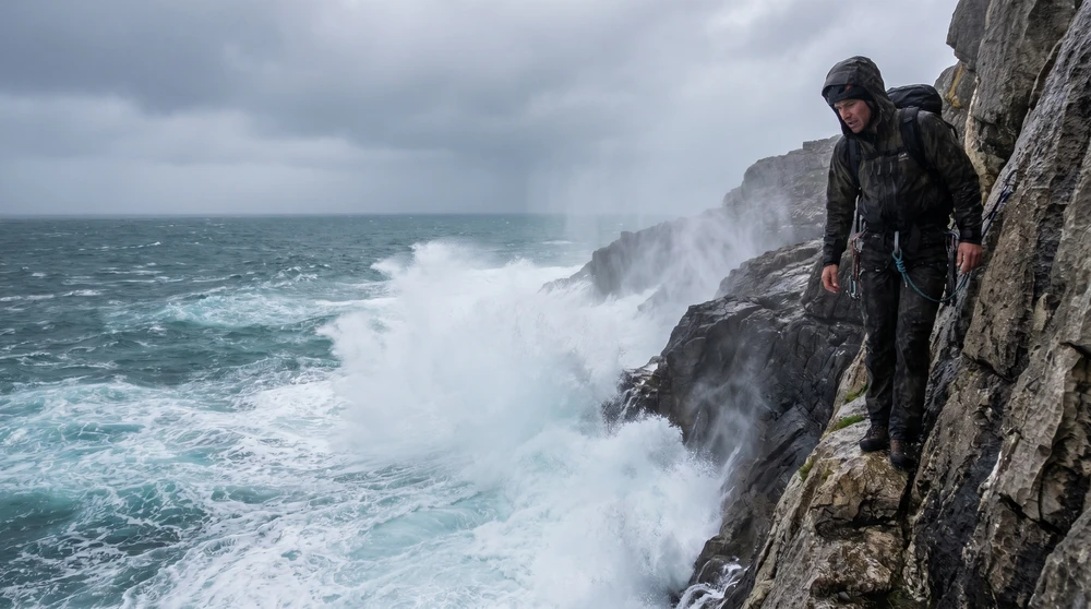Climber on a low sea-cliff ledge as a turquoise swell surges and sprays against limestone