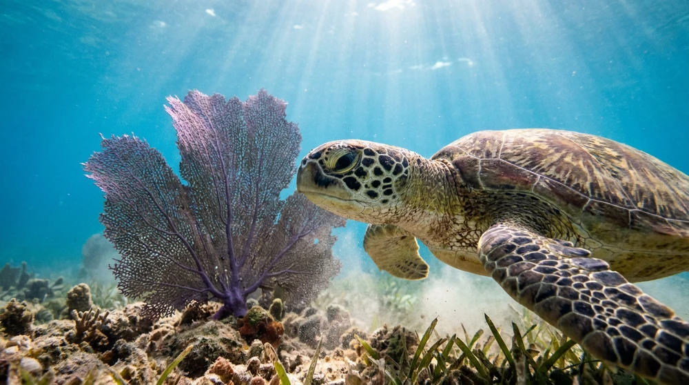 Gruene Meeresschildkroete gleitet an einer großen violetten Gorgonie im sonnendurchfluteten karibischen Wasser vorbei