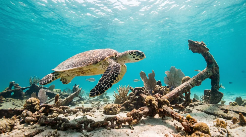 Sea turtle swimming over shipwreck debris on the seafloor in Grand Cayman