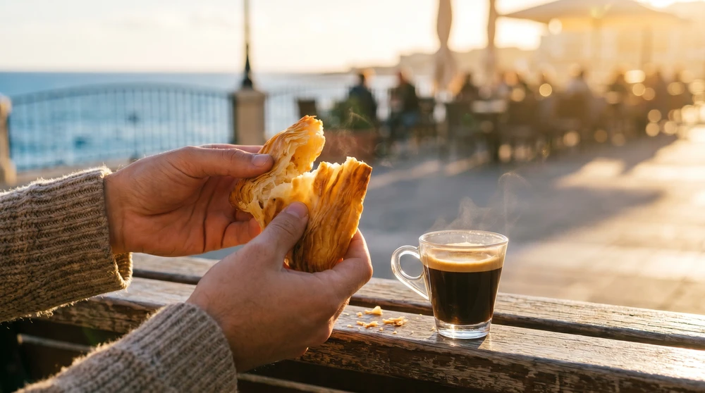 Goldenes, blätteriges maltesisches Gebäck und Espresso auf einer sonnenbeschienenen Promenadebank mit Blick auf das offene Meer