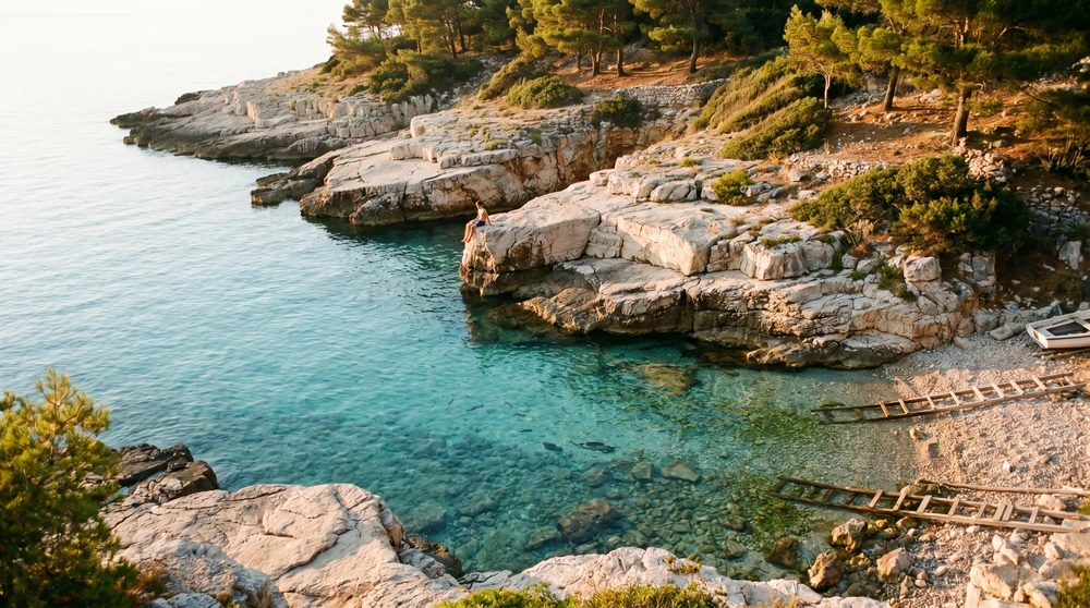 Abgelegene, ruhige Felsenbucht am Mittelmeer mit klarem, ruhigem Wasser und glatten Kalkstein-Sprungfelsen