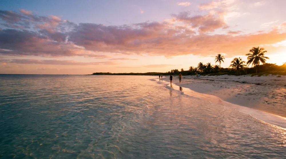 Seven Mile Beach in Negril, Jamaica, with white sand stretching into turquoise Caribbean water at sunset