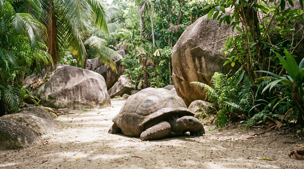 Riesige Aldabra-Schildkröte auf einem Sandweg zwischen Granitfelsen der Seychellen