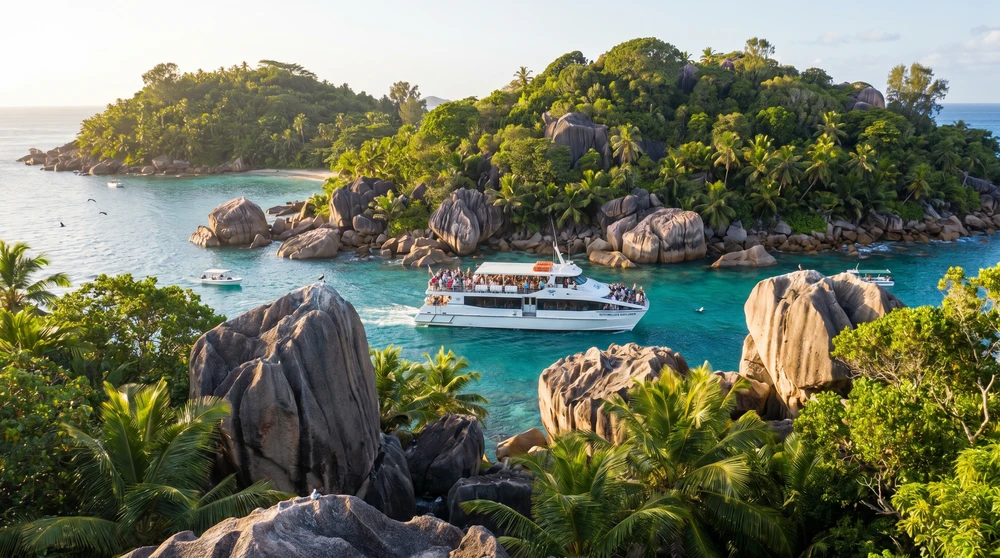 Passagierfähre auf der Überfahrt zwischen grünen Granitinseln der Seychellen