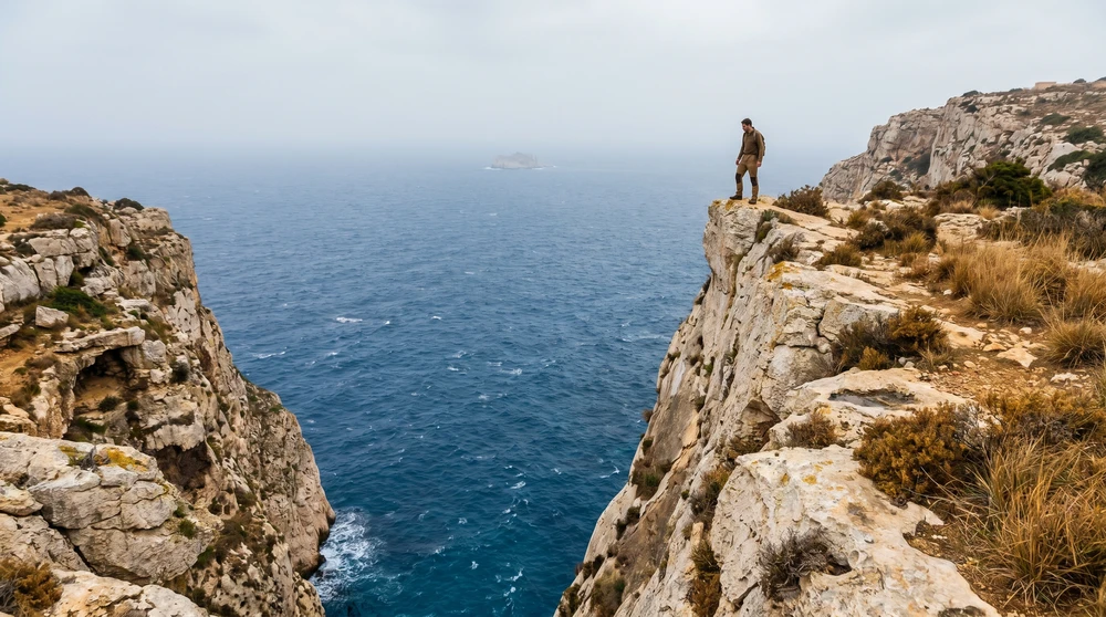 Hiker standing cautiously back from unguarded sheer limestone sea cliffs above the Mediterranean