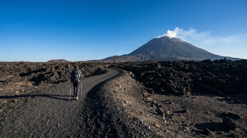 Lone hiker on a black gravel trail across a volcanic landscape in Sicily