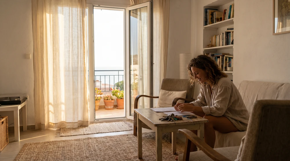 Person reviewing rental contract and apartment keys in a sunlit Mediterranean flat