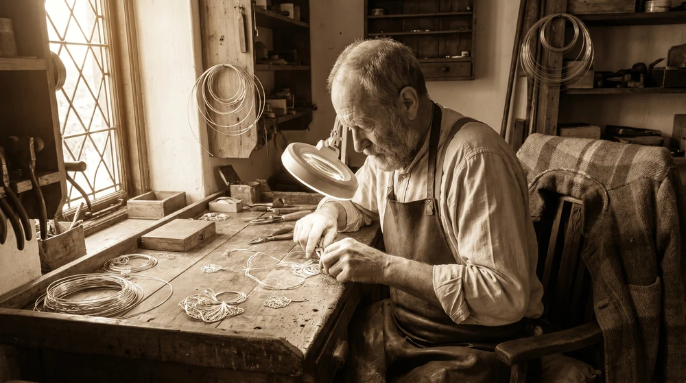 Traditional craftsman shaping delicate silver filigree jewelry by hand at a rustic wooden workbench in warm light
