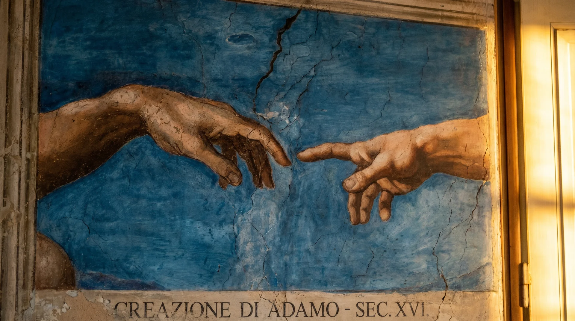 Close-up of the Creation of Adam fresco detail showing God and Adam's hands nearly touching in Michelangelo's famous Sistine Chapel ceiling painting