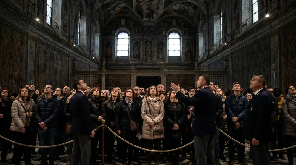 Tour group looking up at Michelangelo's ceiling frescoes inside the Sistine Chapel at the Vatican Museums
