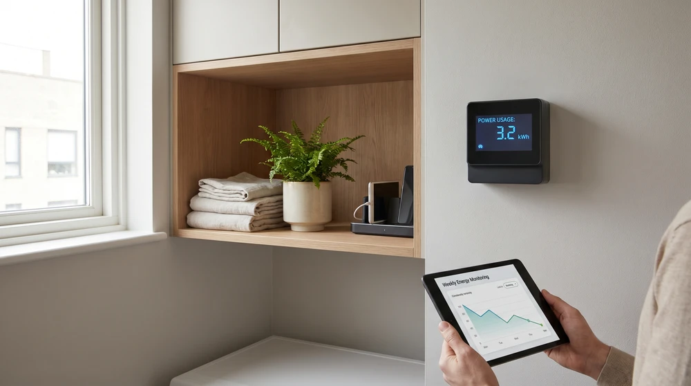 Digital smart utility meter in a modern apartment with a tablet showing energy usage data