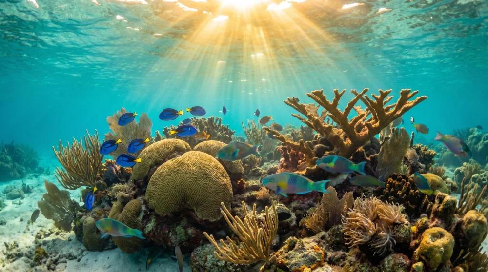 Flaches Korallenriff mit tropischen Fischen an Smith's Cove Grand Cayman