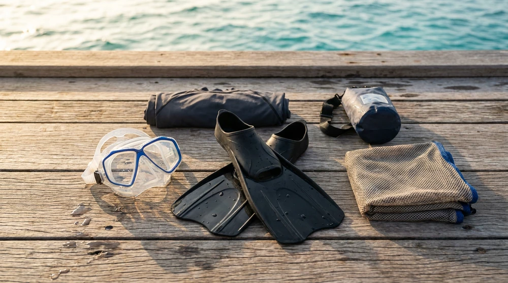 Schnorchelmaske, Flossen und Rashguard ausgelegt auf einem sonnigen hoelzernen Bootsdeck