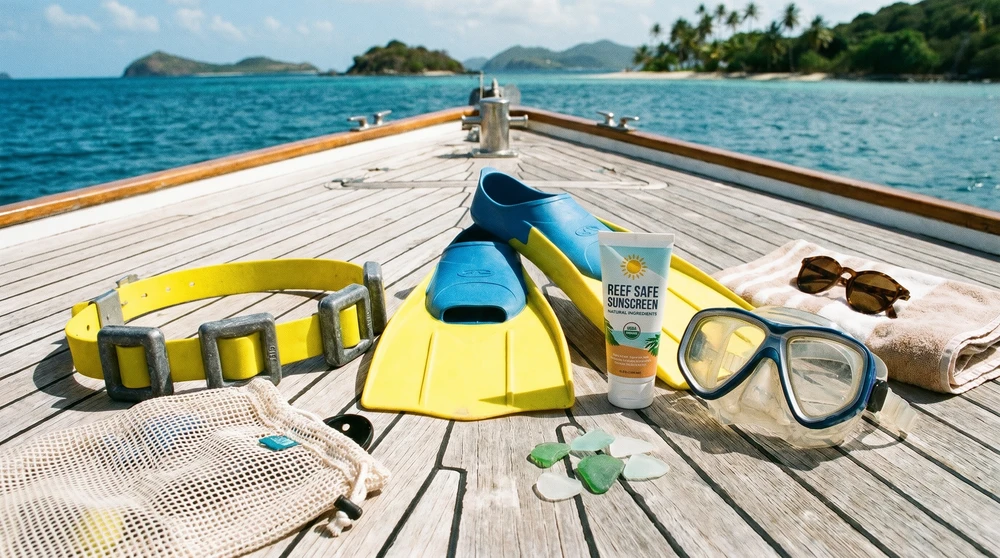 Schnorchelausrüstung auf einem Bootsdeck: gelber Schnorchelgurt, kurze Flossen, riffsichere Sonnencreme und Tauchermaske im natürlichen Pazifiklicht.