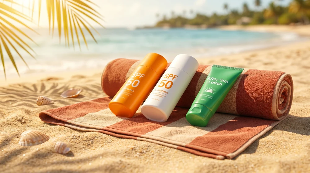Sonnencreme LSF 50 auf Strandtuch – Sonnenschutz aus Deutschland für Jamaika-Reise mitbringen