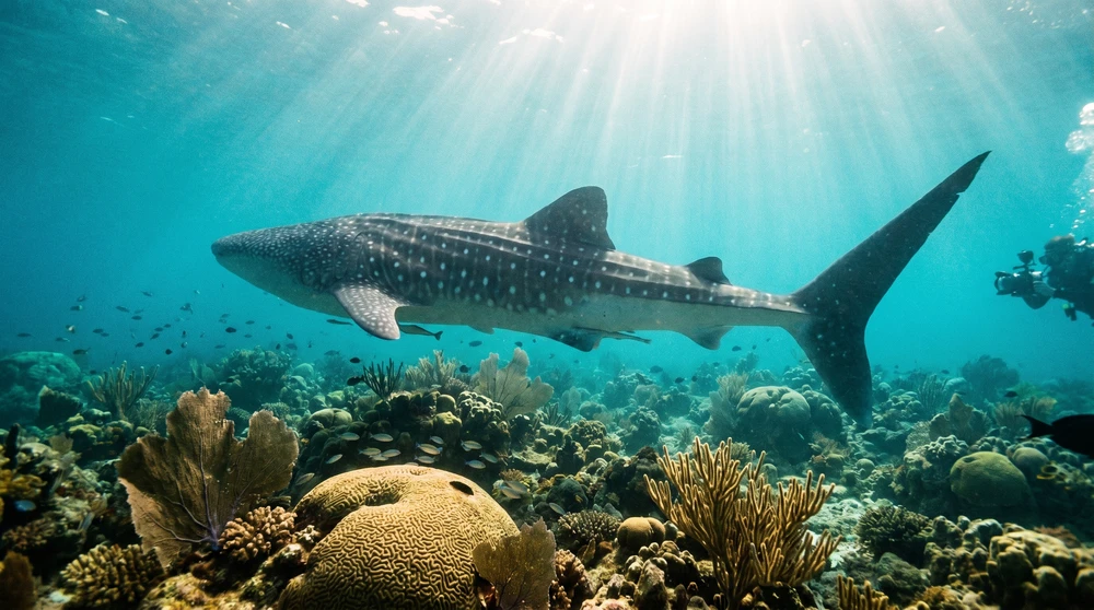 Whale shark cruising slowly over a shallow sunlit reef in South Ari Atoll, Maldives