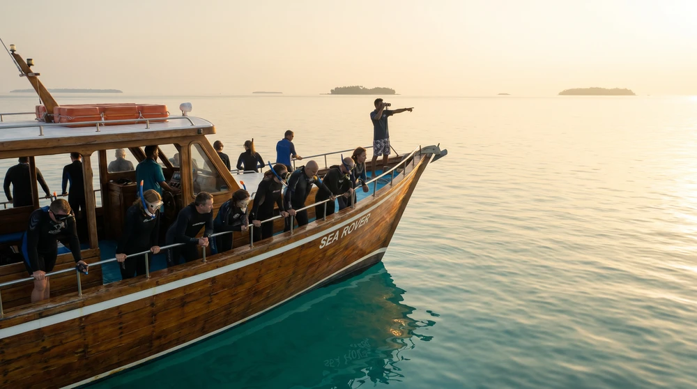 Excursion boat with a spotter scanning for whale sharks at dawn in South Ari Atoll