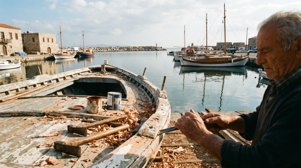 Traditional wooden caique being repaired at the Baltiza boatyard in Spetses Old Harbour