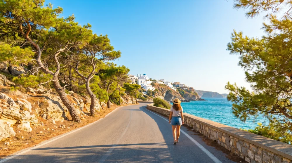 Person läuft auf einer autofreien Küstenstraße auf Spetses mit Pinien und Meerblick