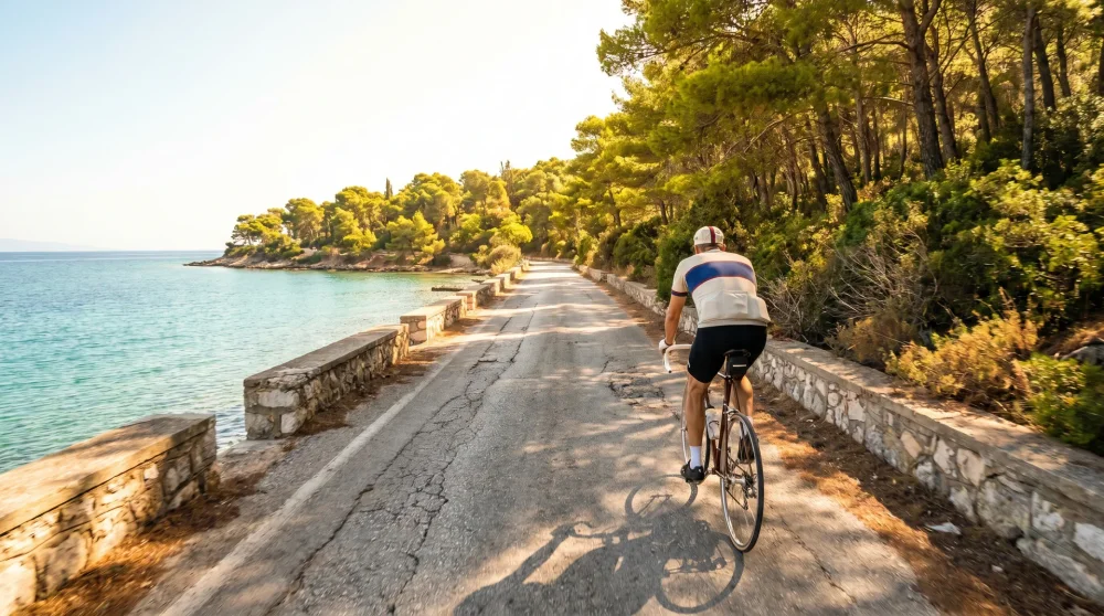 Radfahrer auf der Küstenstraße von Spetses mit türkisem Meer und Pinienwald