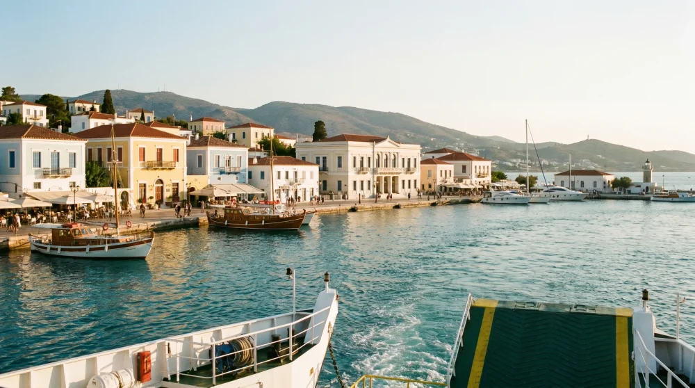 Ankunft im Hafen von Spetses Dapia per Fähre mit Blick auf die bunte Promenade