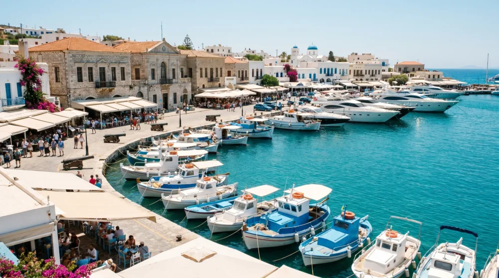 Hafen von Spetses im Juli oder August voller Yachten und Touristen an der Promenade von Dapia