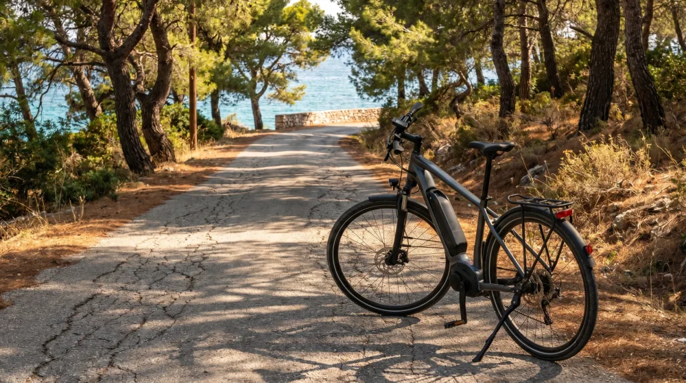 E-Bike auf einer ruhigen Pinienwaldstraße auf Spetses während der Küstenrunde
