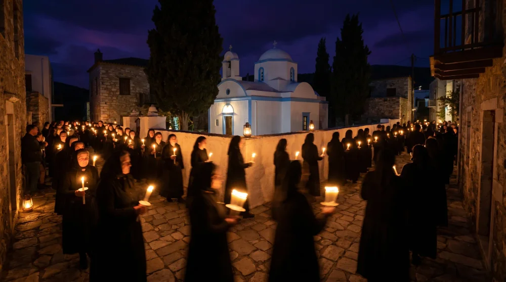 Osterprozession mit Kerzen durch die Gassen von Spetses während der religiösen Frühjahrsfeiern