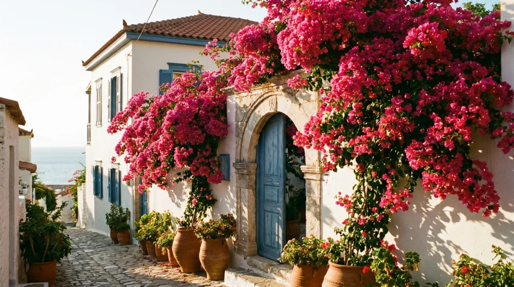 Traditionelle griechische Pension mit Bougainvillea an der Steinfassade in einer schmalen Inselgasse