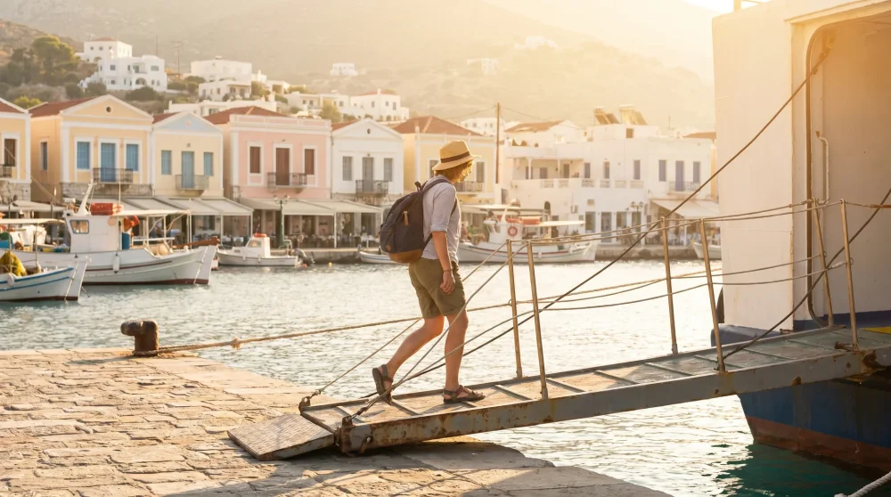 Traveler arriving at Spetses Dapia harbour by ferry on a sunny morning