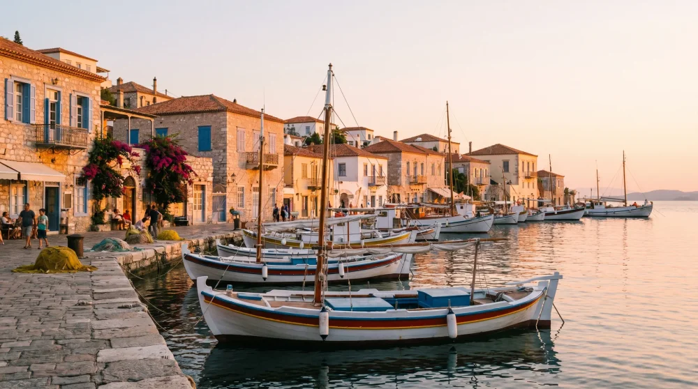 Traditional wooden caique boats moored in Spetses harbor at golden hour with historic stone buildings in the background