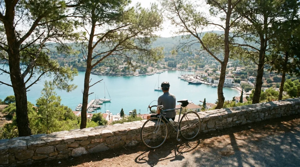Radfahrer am Aussichtspunkt auf Spetses mit Blick auf die W-förmige Bucht von Agia Paraskevi durch Pinien