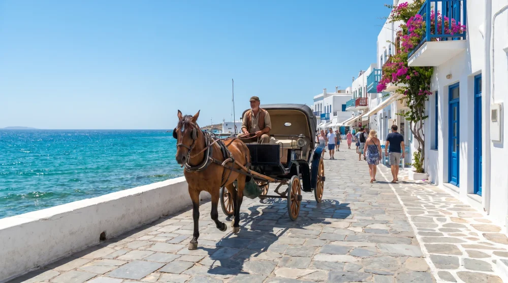 Traditional horse-drawn carriage on the Spetses waterfront with the sea in the background
