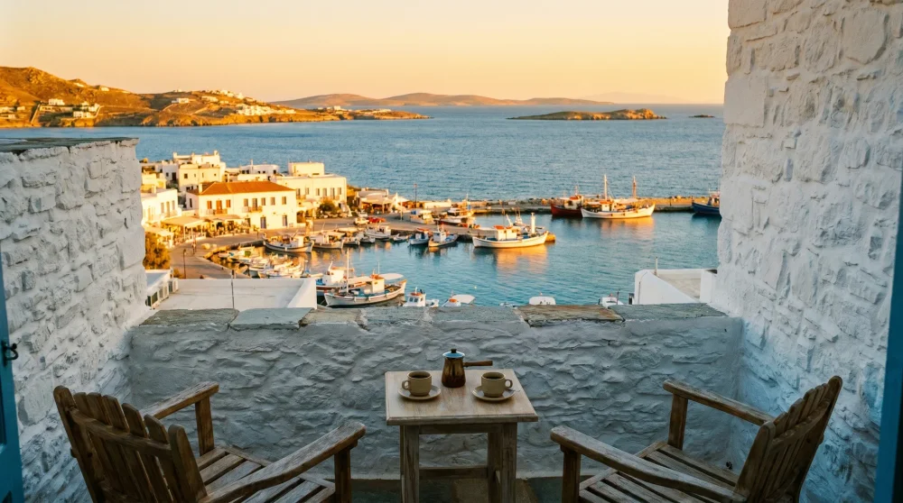 Hotelterrasse mit weißen Steinmauern mit Blick auf einen ruhigen griechischen Inselhafen im goldenen Abendlicht