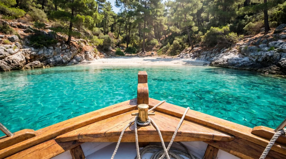Blick von einem traditionellen Holzboot auf eine abgelegene, von Pinien gesäumte Bucht
