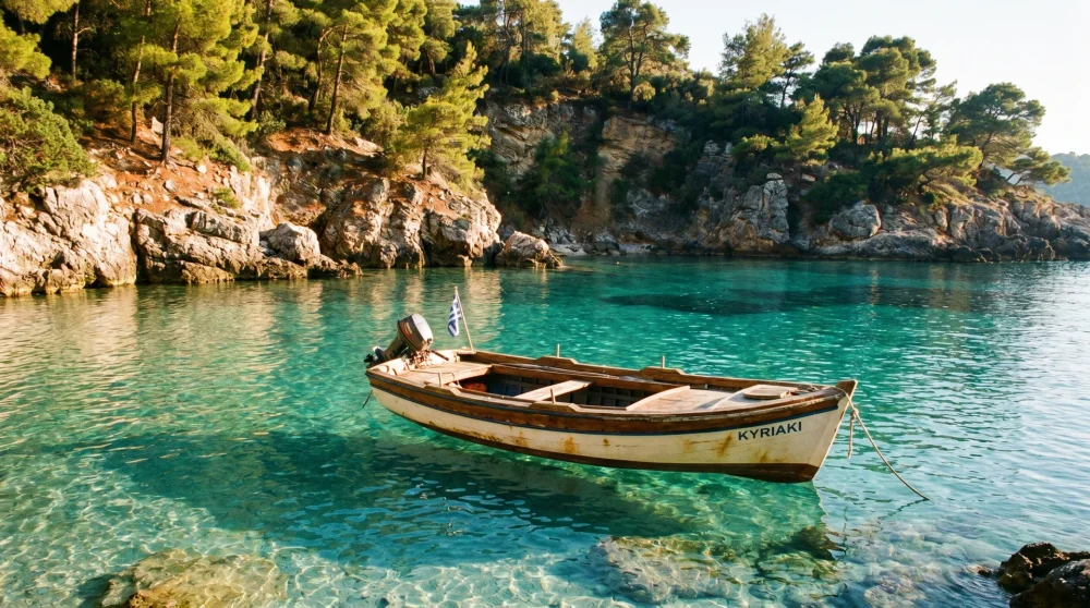 Kleines Holzmotorboot in einer türkisfarbenen Bucht bei Spetses, Griechenland, mit Pinien und Felsküste im Hintergrund