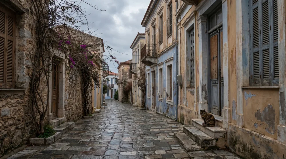 Altstadtgassen von Spetses im Winter, leer mit geschlossenen Häusern und einer leeren neoklassizistischen Gasse