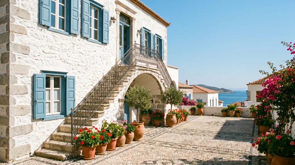 Traditional whitewashed Greek island mansion exterior with wooden shutters and stone staircase on Spetses