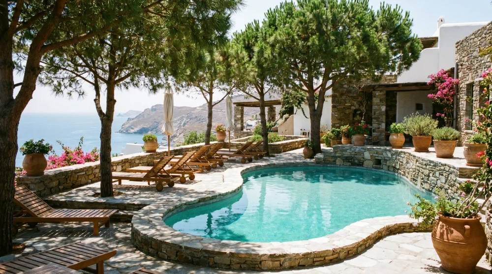 Poolbereich unter Pinien in einer griechischen Inselanlage mit Sonnenliegen und türkisem Wasser
