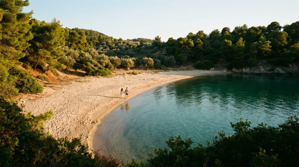 Ruhiger leerer Strand auf Spetses während der Nebensaison im Mai, Juni oder September