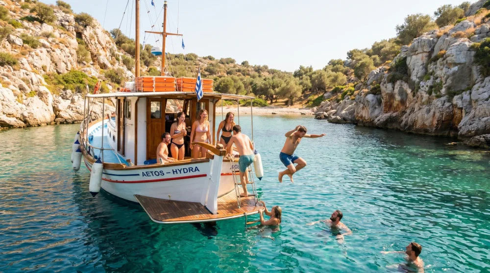 Menschen schwimmen und springen vom Boot in klares blaues Wasser in einer einsamen Bucht bei Spetses, Griechenland