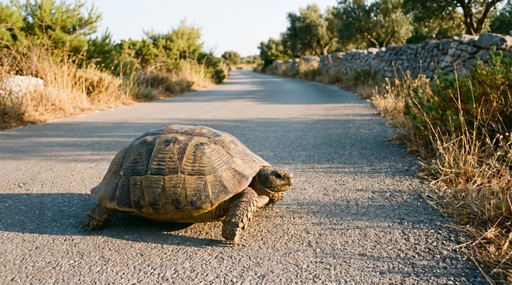 Wildschildkröte überquert eine asphaltierte Straße auf Spetses, ein gewohnter Anblick für Radfahrer auf der Küstenrunde