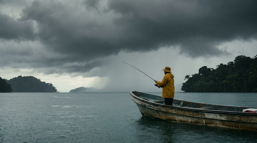 Wet season rain squall over Marshall Islands lagoon